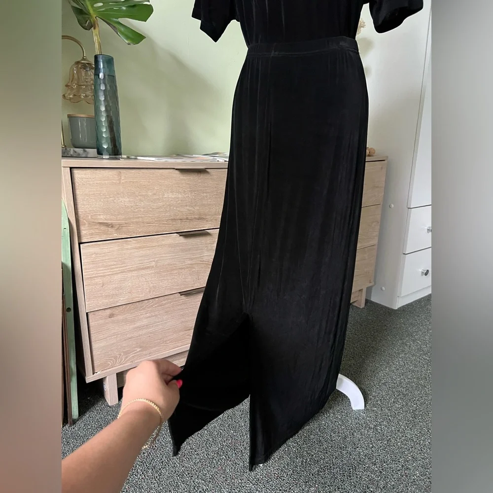 VINTAGE SLINKI Black Shirt-Sleeve Shirt & Maxi Stretch Skirt Matching Co-ord Set - Picture 6 of 16